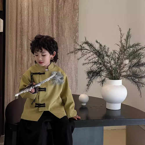 Chinese-style children's clothing sets, Chinese-style Hanfu and Tang-style clothes, 2024 spring and autumn new items, stand-up collar top and pants, one piece for drop shipping, trendy