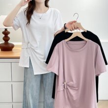 胖MM大码2025夏季新款女装时尚侧边装饰扣开叉棉短袖T恤 z83 741