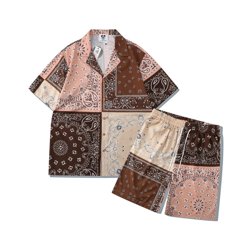 Summer Beach Loose Shirt suit European and American Digital Print Patchwork Cashew Flower Casual Shorts Cardigan suit Men