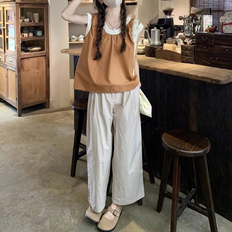 Sweet Color Matching Round Neck Sleeveless Shirt Women's Summer 2024 New Style Simple All-match Loose Short Chic Top