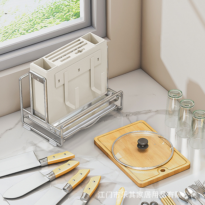 Soporte de cuchillo, soporte de palillos, soporte de almacenamiento de cuchillo y tenedor, estante de cocina de acero inoxidable, encimera de gabinete multifuncional, tapa de olla, estante de drenaje