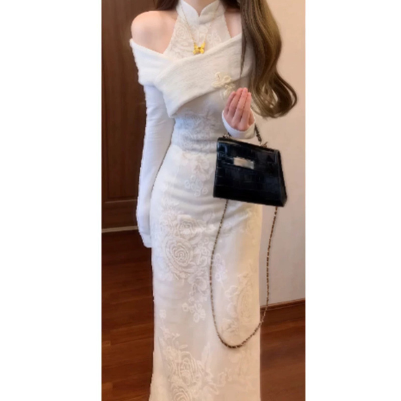 JUEMEI 白玉牡丹新中式国风露肩改良旗袍针织连衣裙气质礼服长裙|undefined