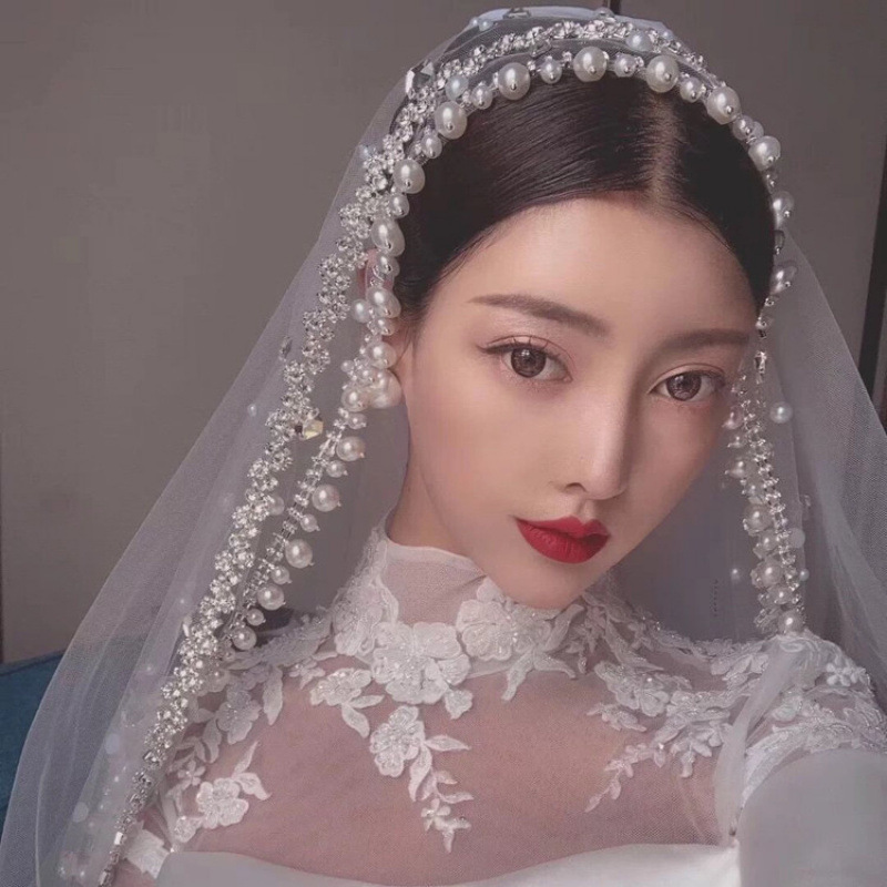 Pearl and Rhinestone Bridal Wedding Veil 2 Meters Long