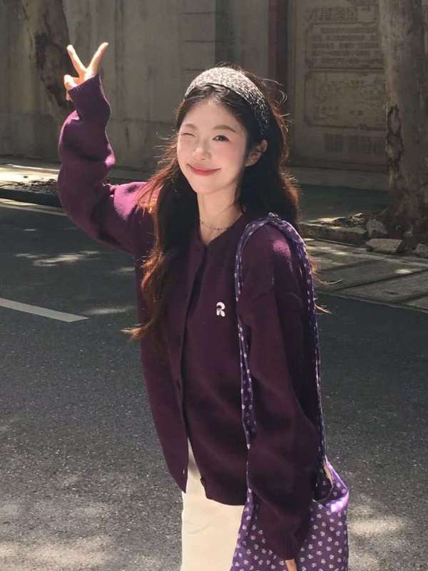 韩系慵懒风超显白紫色毛衣开衫外套女秋季休闲宽松针织开衫上衣冬|undefined