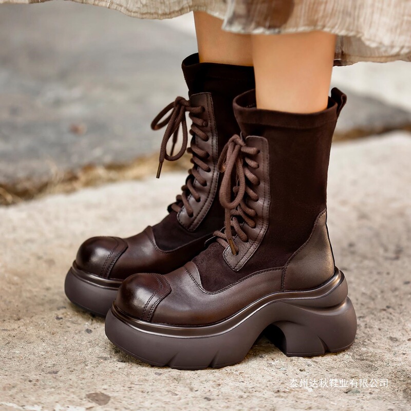 Genuine Leather Thick-Soled Boots for Women 2025 Autumn and Winter New Mid-Calf Knight Boots Heightening Small Elastic Boots Socks Boots