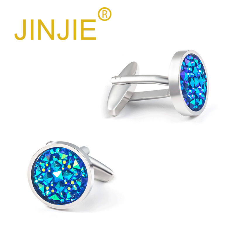 High-end French-style men's suit shirts with round metal blue diamond crystal zirconium cufflinks and cuff fasteners for wholesale