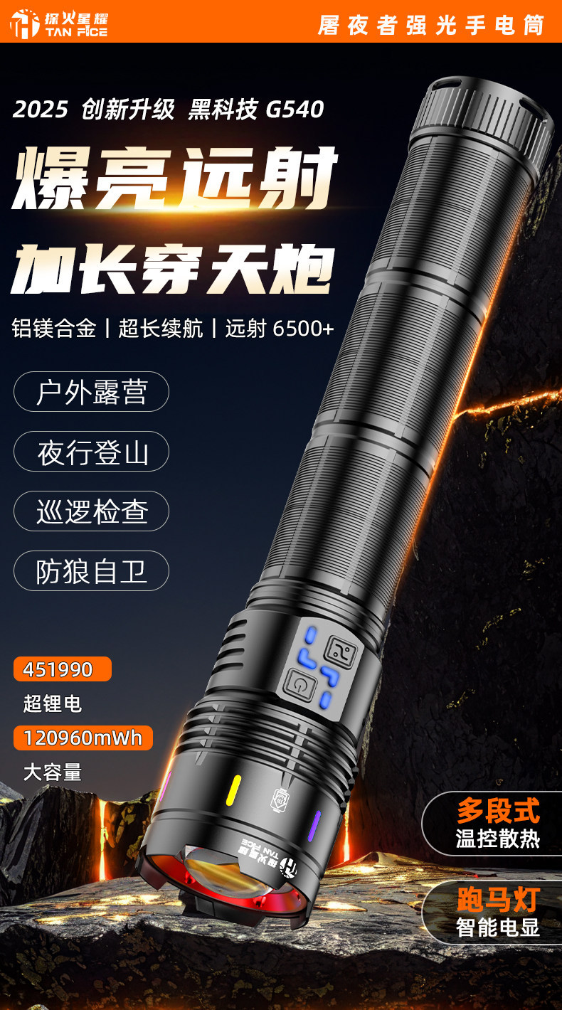 Extended-Range Super Bright Flashlight, Rechargeable, Outdoor Long-Range Patrol, Large-Capacity Laser, Sky-Penetrating Laser, Ultra-Long Battery Life