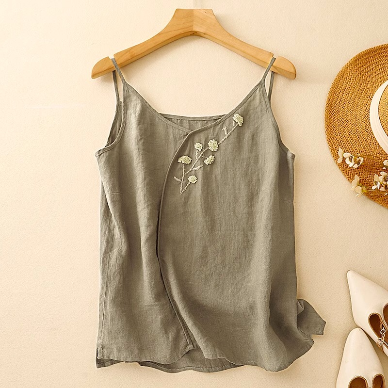 Ethnic Style Embroidered Vest Small Sling Women's Summer Outer Wear Cotton and Linen Small Shirt Linen Inner Base Top Thin Ethnic Style Embroidered Vest Small Sling Women's Summer Outer Wear Cotton and Linen Small Shirt Linen Inner Base Top Thin