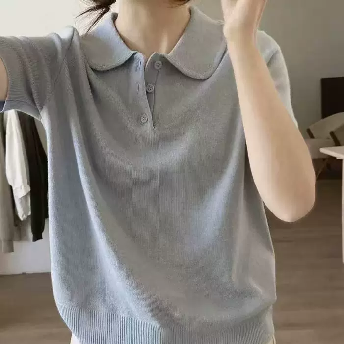 娃娃领针织衫女式春夏季新款简约小众设计感减龄短袖羊毛t恤上衣