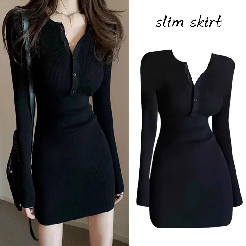 Long-Sleeved Dress for Women in Autumn and Winter, 2025 New Bottoming Sexy Skirt, Knitted Slim-Fitting Hip-Hugging Sexy Little Black Dress