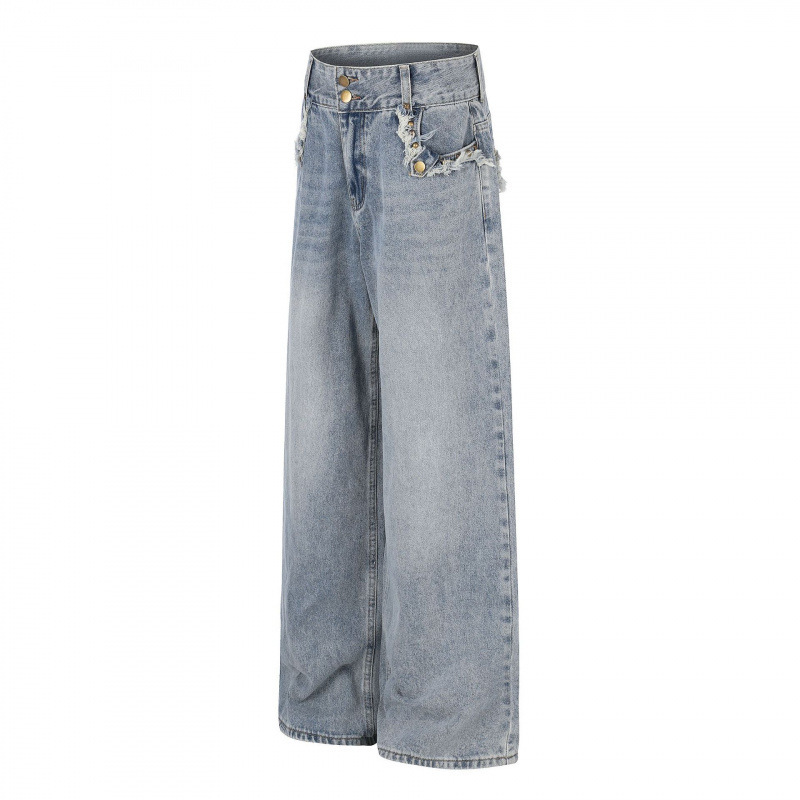 Summer American-Style Washed Vintage Denim Jeans with Raw Edge Pocket Design, High-Waisted, Loose Fit, Versatile Wide-Leg Pants