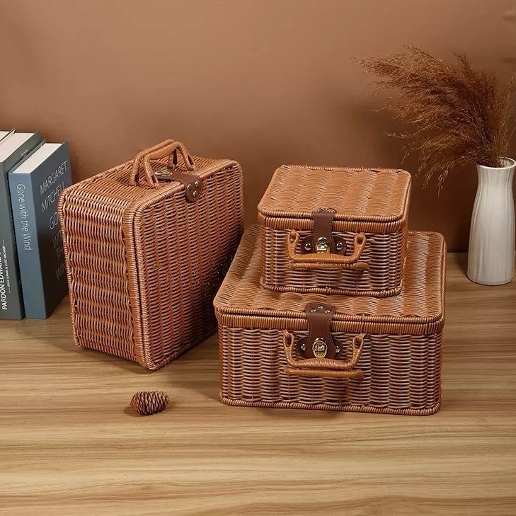 Tejido imitación de caña de bodas regalo de mano de alta calidad caja de almacenamiento cesta de picnic maleta retro caja de prensa fría antigua