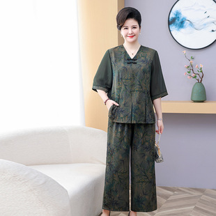 Plus-Size Summer Short-Sleeve Outfit for Middle-Aged and Elderly Women, Chinese-Style Print Two-Piece Set for 50-60 Year Old Grandmothers