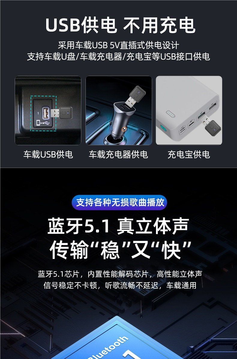 USB Car Bluetooth Receiver 5.1 Car Audio Fm Transmitter Audio Conversion Call Lossless Stereo Universal