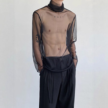 堆堆高领网纱打底衫防晒长袖t恤男夏季镂空透明薄上衣设计感小众