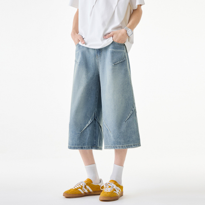 American-Style Pleated Washed Denim Shorts for Summer, Trendy Loose-Fitting Wide-Leg Cropped Pants for Men, Limited Price