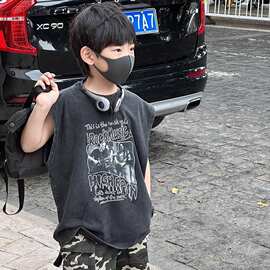 卡通潮酷上衣背心韩版男孩纯棉中大童T恤时髦帅气儿童无袖夏装潮t