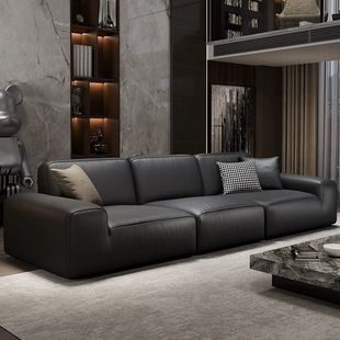 Modern Minimalist New Straight-Line Genuine Leather Italian-Style Latex Sofa for Living Room with Large Black Tofu Block