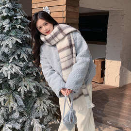 蓝色小香风羊羔毛外套女冬季2025新款超好看小个子短款内胆羽绒服