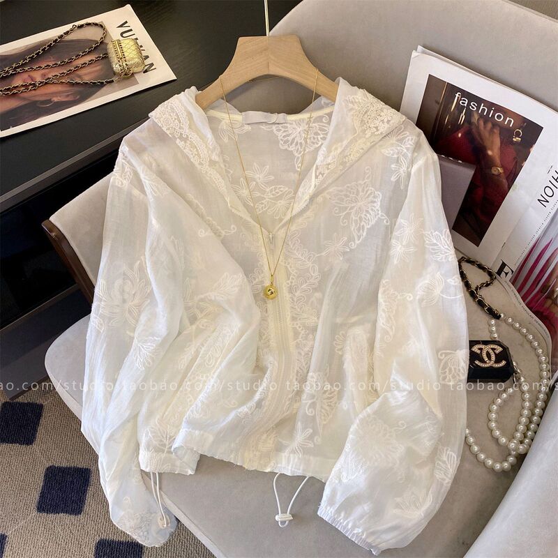 Summer lightweight loose-fitting design niche French lace hooded sun protection shirt jacket Summer lightweight loose-fitting design niche French lace hooded sun protection shirt jacket