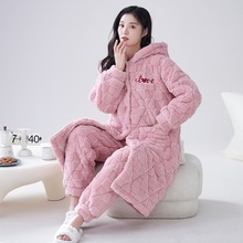 珊瑚绒睡衣女秋冬季天长款超加厚三层夹棉睡袍可爱套装法兰家居服