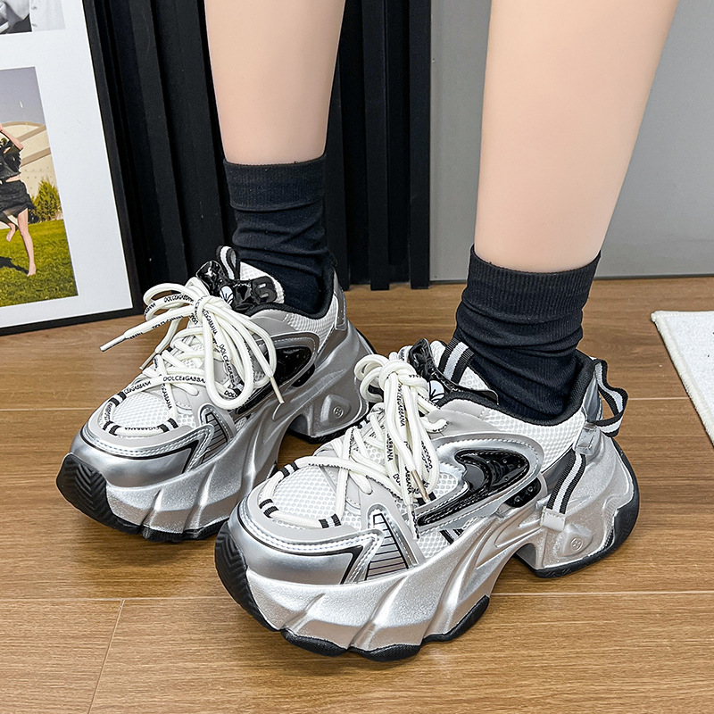 Pine Cake Dicke Sohle Dad Damen 2024 Frühjahr Neue Echtleder Farbblockierte Schnürschuhe Erhöhte Freizeitsportschuhe_voghion.com