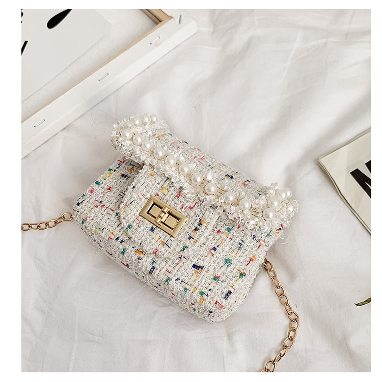 Venta al por mayor 2019 nuevo estilo Chanel Pearl bolso de hombro para niños Cadena de algodón y lino bolso de mensajero princesa monedero para niños