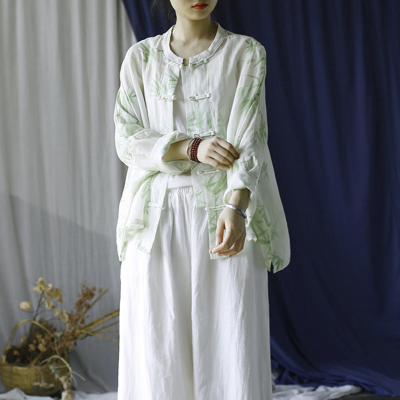 2437 Xi Mo Original Ramie Handmade Buckle Summer Women's Top Artistic Retro Long Sleeve Loose Outer Cardigan