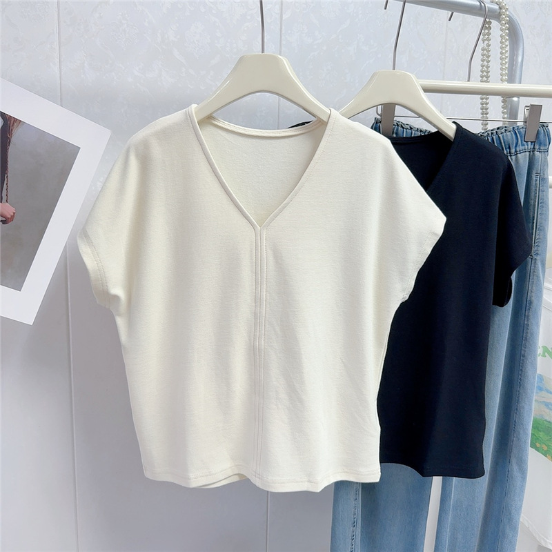 P12 Non-Returnable, Non-Exchangeable V-Neck Batwing Sleeve T-Shirt for Women, Summer Loose and Lazy Style, Drapey Solid Color Trendy Top