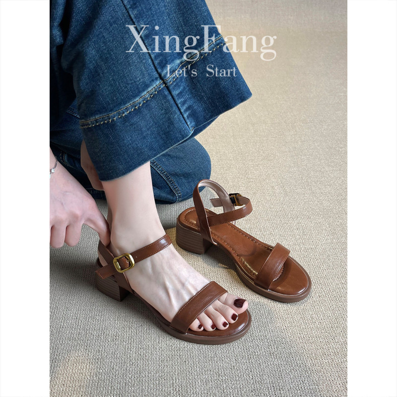 Cowhide Version~ Women's Summer New Style One-Strap Sandals with a Soft Sole, Open Toe, Chunky Heel, and Roman Style, Perfect for Pairing with Dresses