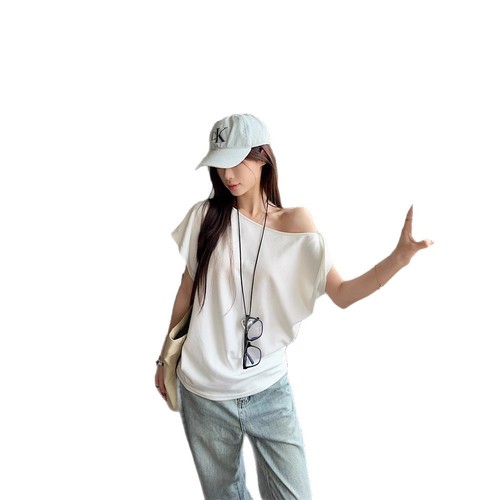Lady's Casual Off-the-Shoulder Short Sleeve T-shirt 2025 Summer New Pure Color Design Sense Loose Shoulder Student Top