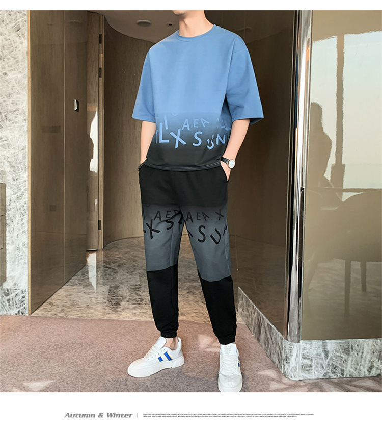 Men's Gradient Color Short Sleeve T-Shirt And Shorts Set Casual Summer Streetwear Hong Kong Style Outfit_viptrois.com