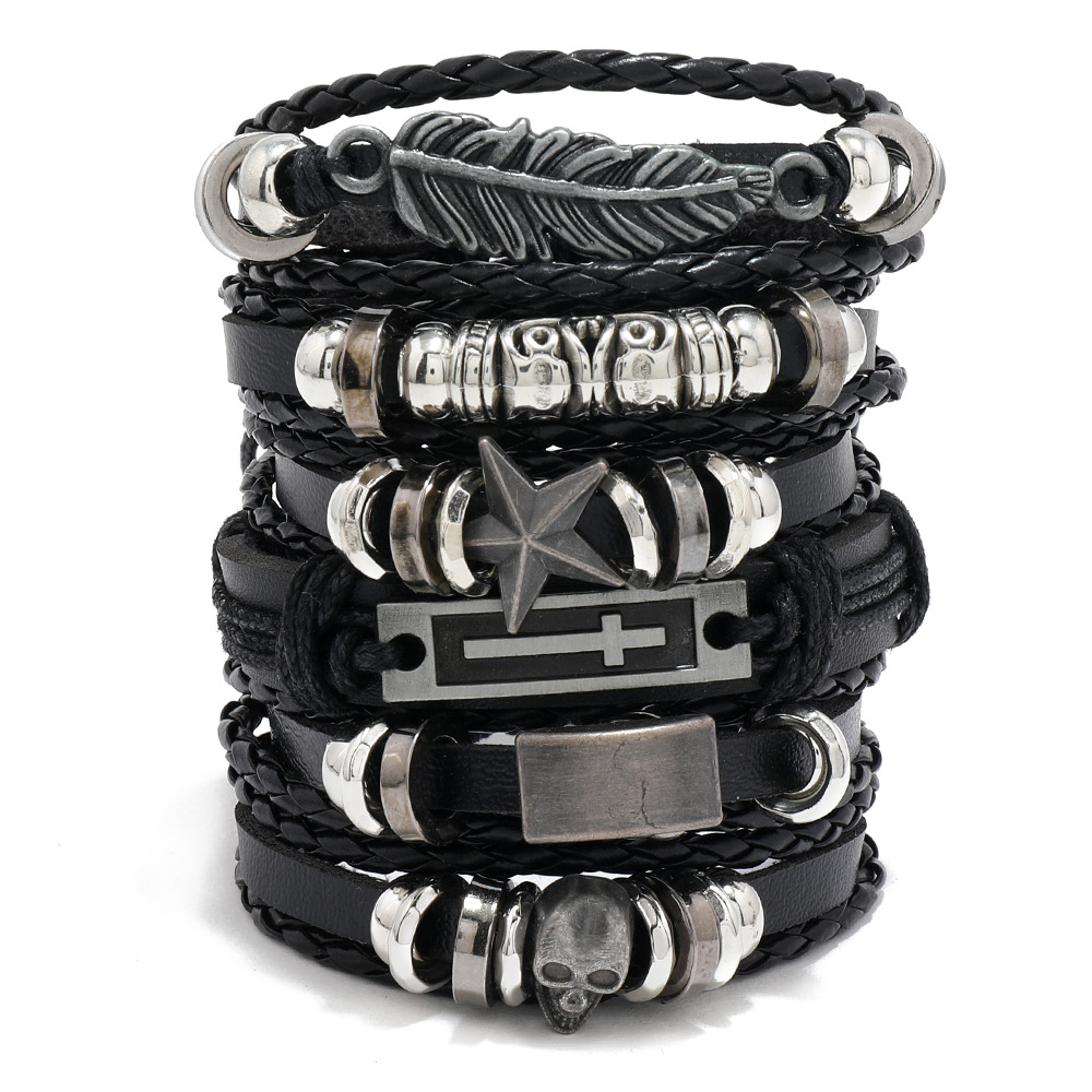 Bangle Classification 1 Set Quantity Punk Waves Pu Leather Men's Bangle Men Cord & Leather Bracelets