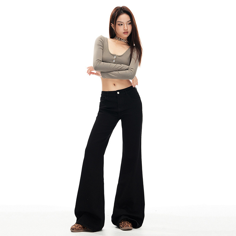 2-Color American Retro Low-Waist Sexy Bell-Bottom Pants for Autumn and Winter Micro-Elastic Versatile Slimming Look Jeans for Women Cotton