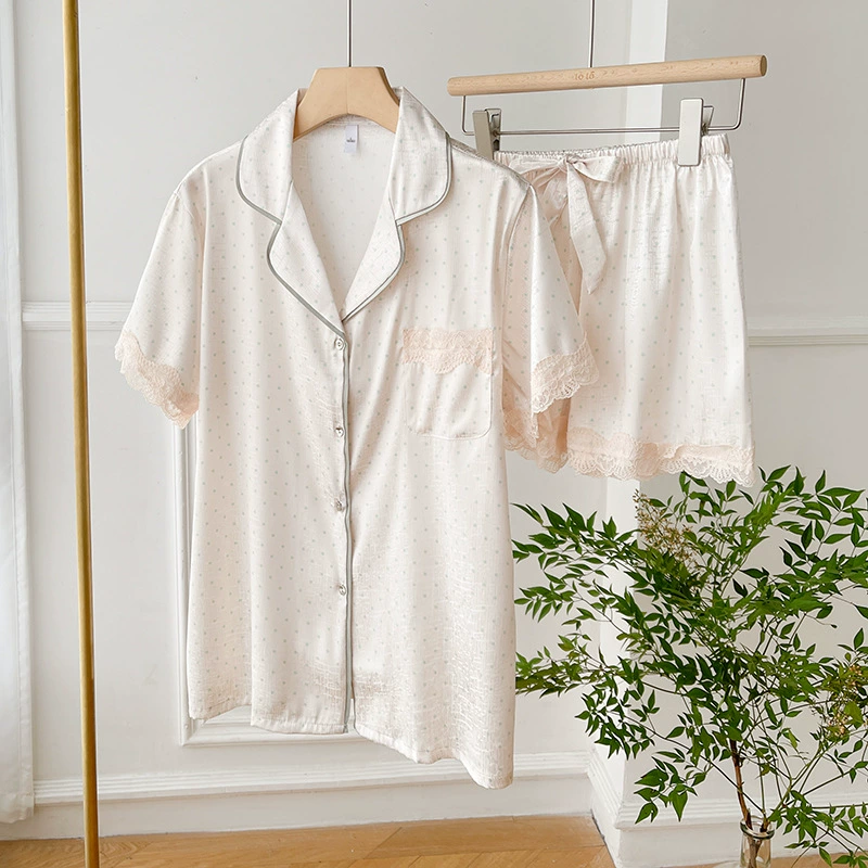 Женские пижамы, летние шорты из ледяного шелка с короткими рукавами, летний домашний комплект, сексуальное кружево, высококачественные, повседневные и удобные.