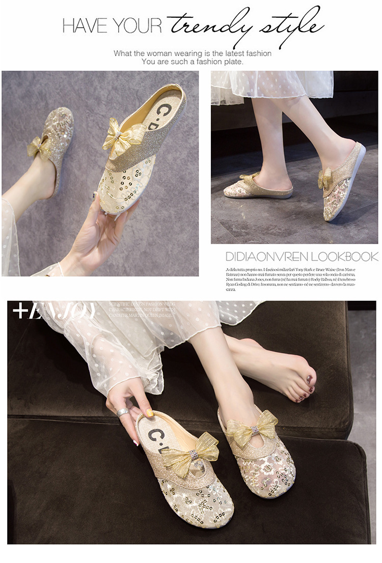 Zapatillas De Mujer Ropa De Abrigo Verano Nueva Malla Transpirable Lazo Baotou Estilo De Hada Plana Perezosa_voghion.com