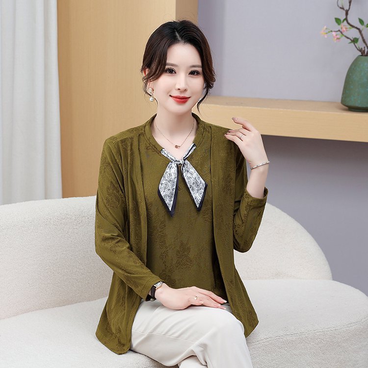 一件代发妈妈装2025秋季新款洋气假两件长袖T恤女打底衫提花上衣|undefined