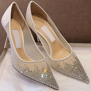 JC Rhinestone Mesh Wedding Shoes 2024 Summer New Bridesmaid Cyber Celebrant Single-layer Shoes Stiletto Heel Pointed Pointed Shallow Mouth High Heels for Banquet