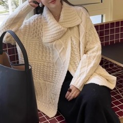 翻领毛衣外套女秋冬季新款设计感软糯加厚宽松慵懒风麻花针织开衫