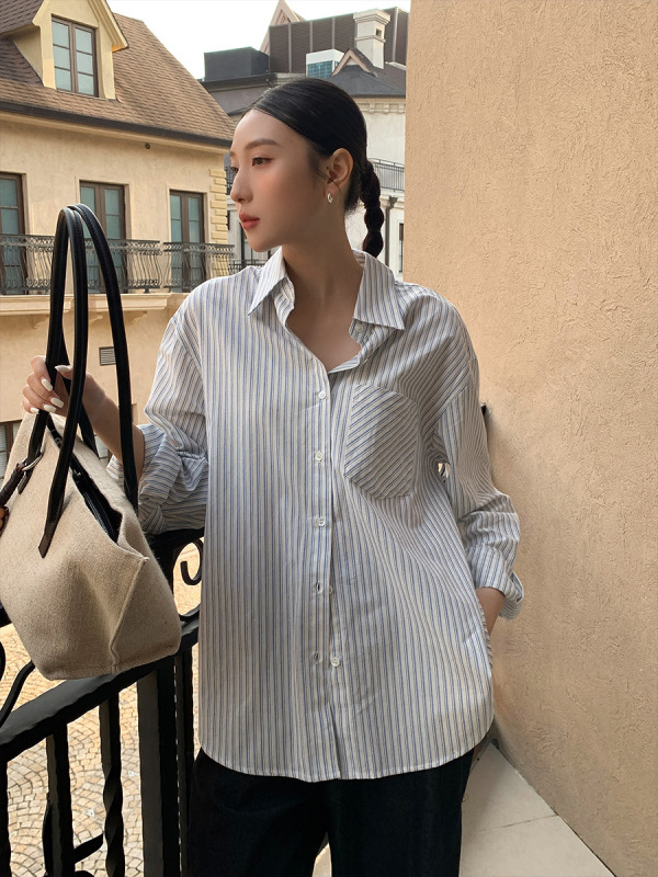 衣尔衫 精致的休闲 条纹宽松口袋中性风衬衫女POLO领韩系慵懒0540|undefined