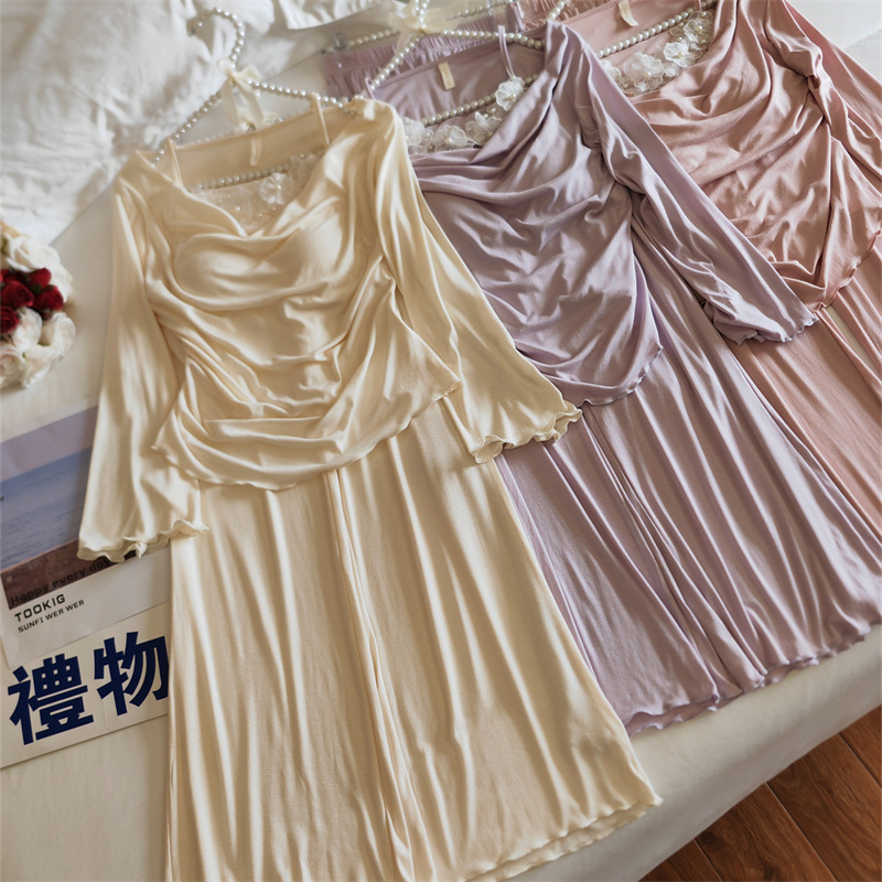 New Spring, Autumn and Winter Modal Women's Pajamas, Pure Lust Style, Swung Collar, Chest Pad, Slightly Flared Long-Sleeved Two-Piece Home Clothes