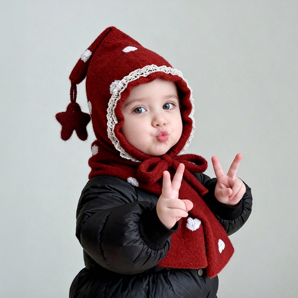 Sombreros para bebés bufandas set otoño y invierno engrosado calentamiento para niños gorras de punto gorras rojas para niñas gorras de hadas gorras protectoras de orejas image 3