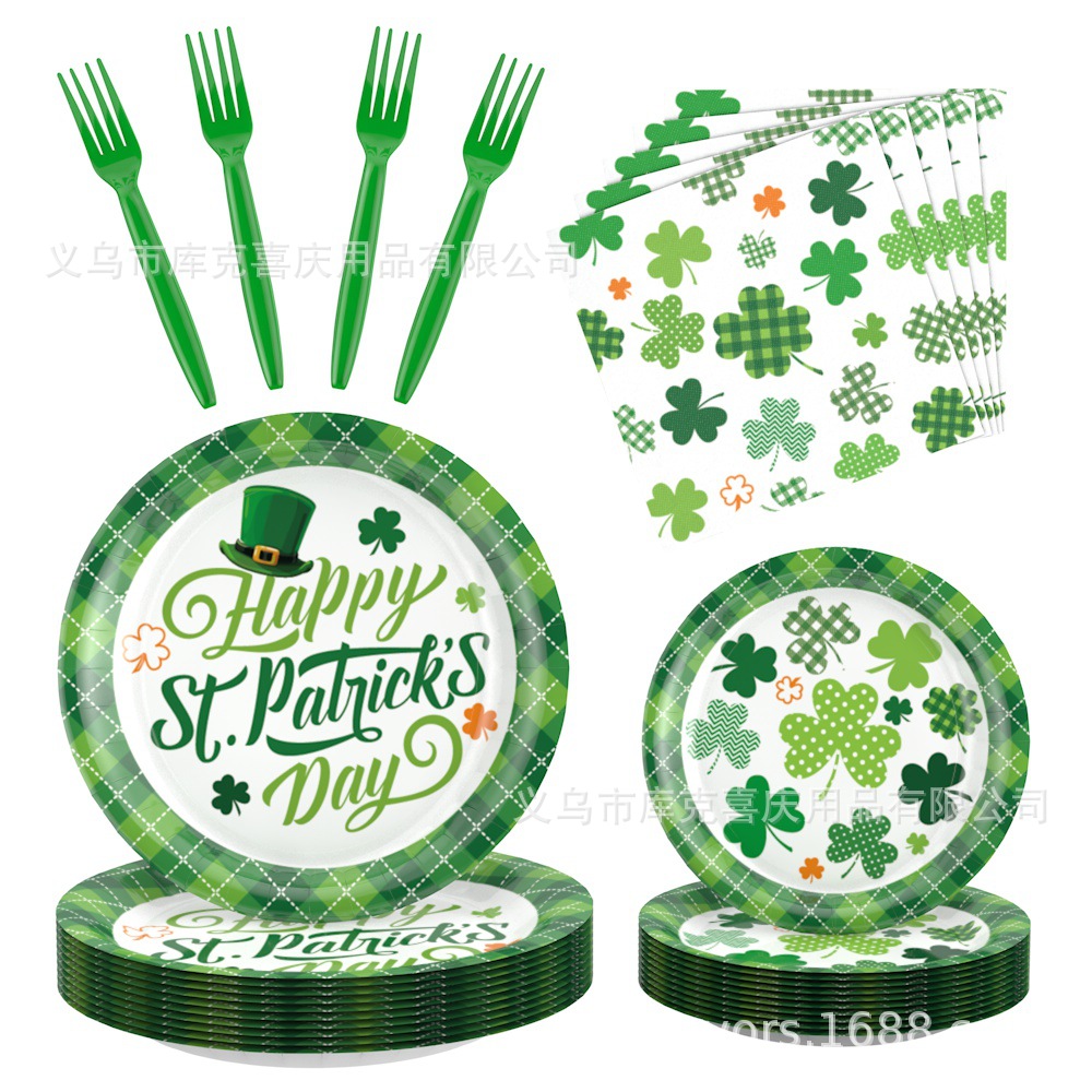 2025 Día de San Patricio decoración de fiesta tema de trébol bandeja de papel desechable vaso de papel toalla de papel juego de vajilla