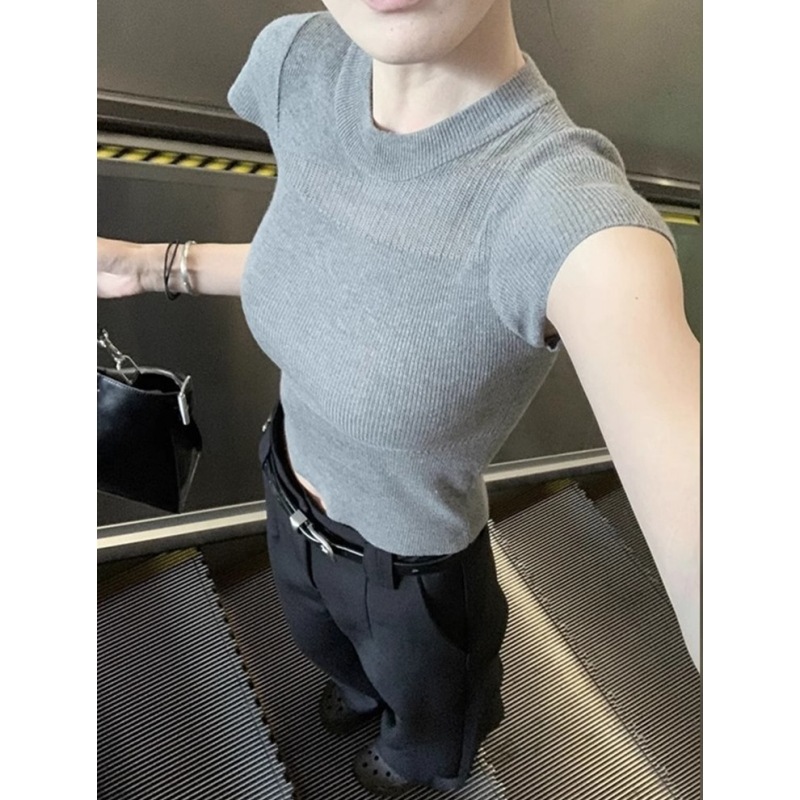 Chic Small Round Neck Hollow Knitted Short-Sleeved Top Women's Summer Hot Girl Style Slim-Fit Slimming Base Shirt Grey T-Shirt