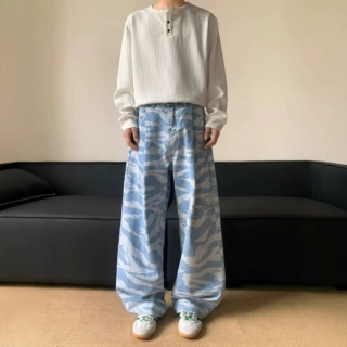 欧美复古迷彩波浪纹阔腿牛仔裤男女宽松休闲百搭潮流拖地弯刀长裤