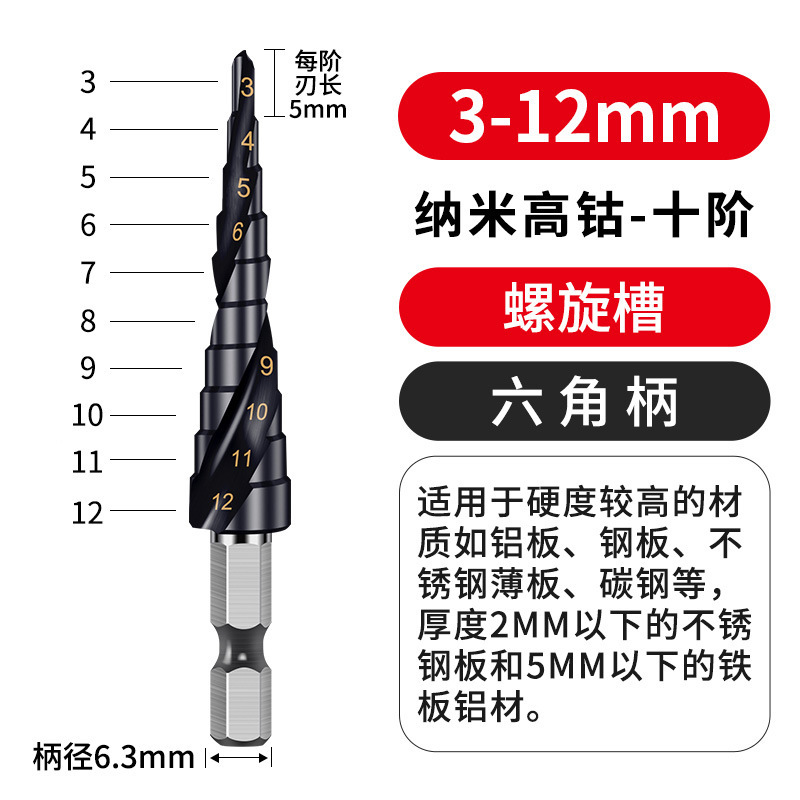 黑宝塔钻头万能打孔工业级螺旋金属开孔器不锈钢专用高硬度阶梯钻|undefined