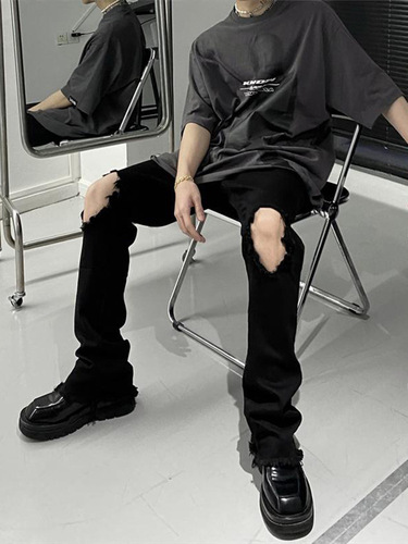 Black Knee-Hole Denim Jeans for Men - Summer Thin Cleanfit Pants with Frayed American Bent-Knife Tapered Pants