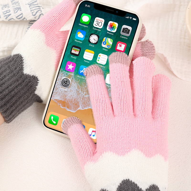 Q16韩版日系秋冬触屏手套打字毛线手套学生情侣骑车保暖针织手套
