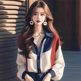 2026春秋季新款女装冷淡系超好看宽松上衣撞色灯笼袖衬衫女潮