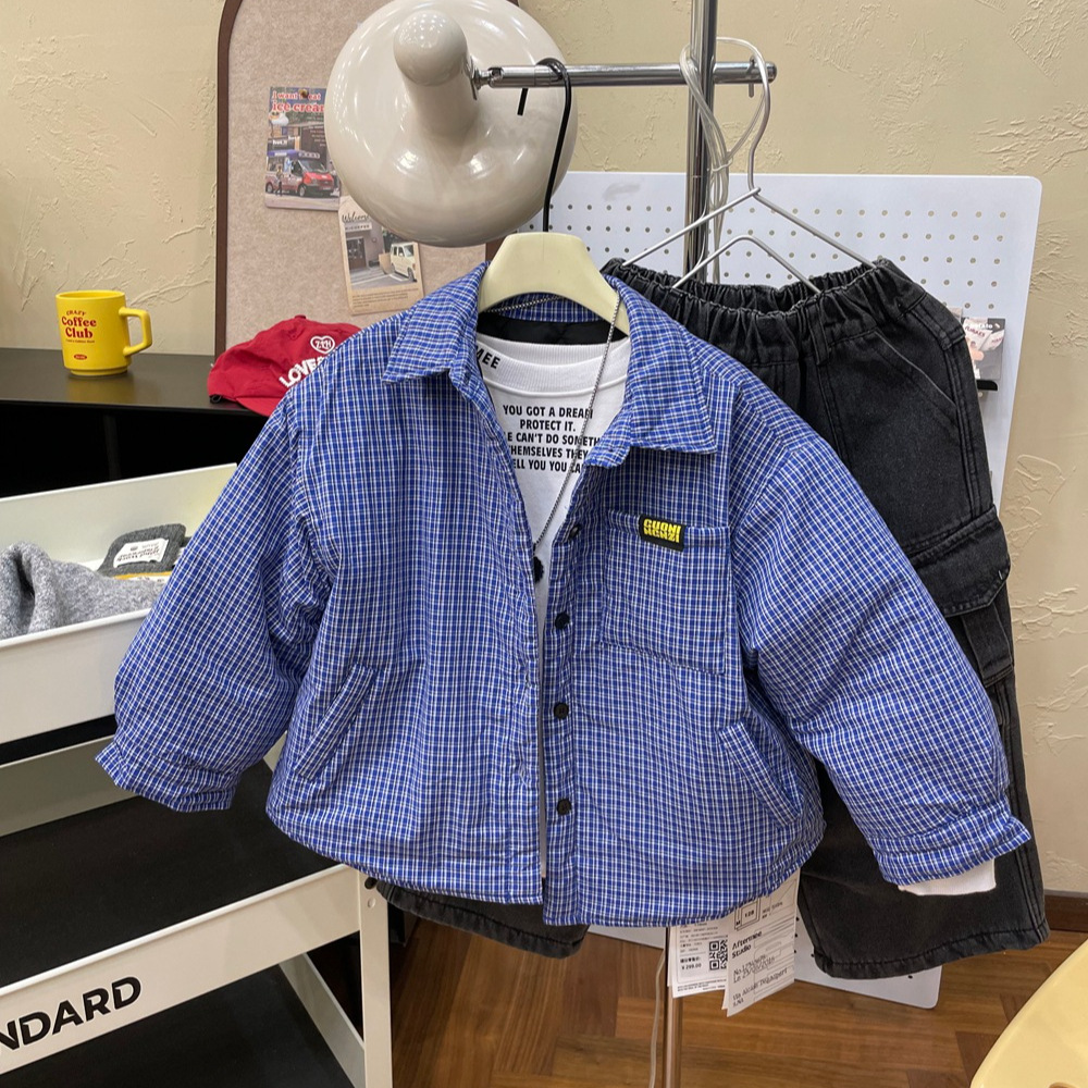 Blue Small Plaid Cotton Shirt Jacket 2025 Winter New Style Kidsren's Style Shirt Cotton Jacket Boys Trendy